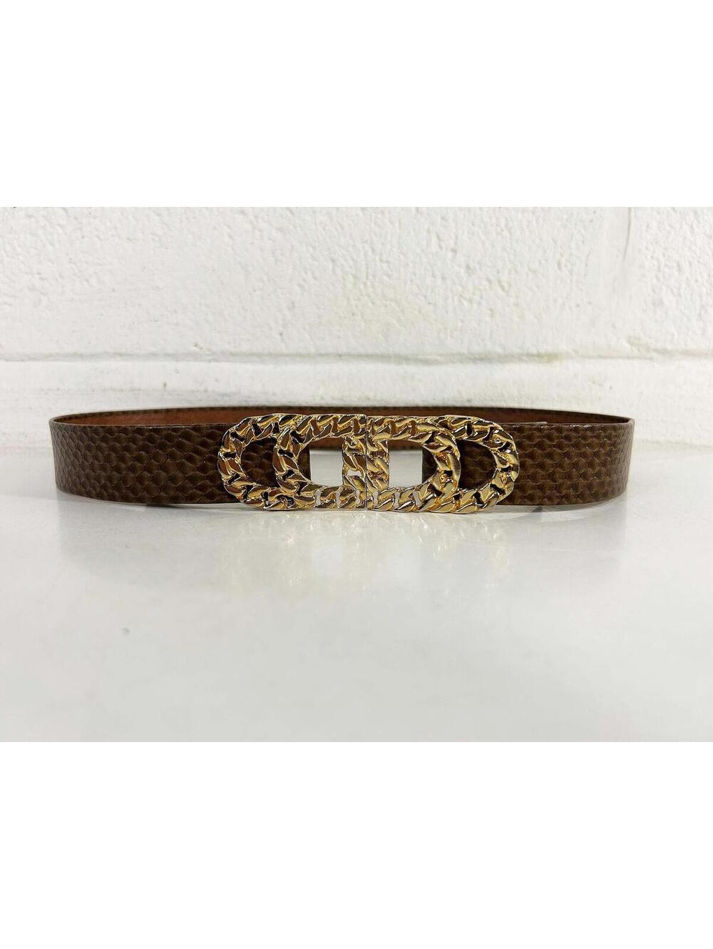 Faux Leather Belt Gold Buckle Brown Vegan Snake Cinch Waist 1990s 1980s
